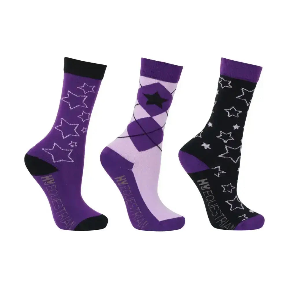 Hy Equestrian Stella Children's Socks (3 pack) Purple/Lilac/Black Riding Socks