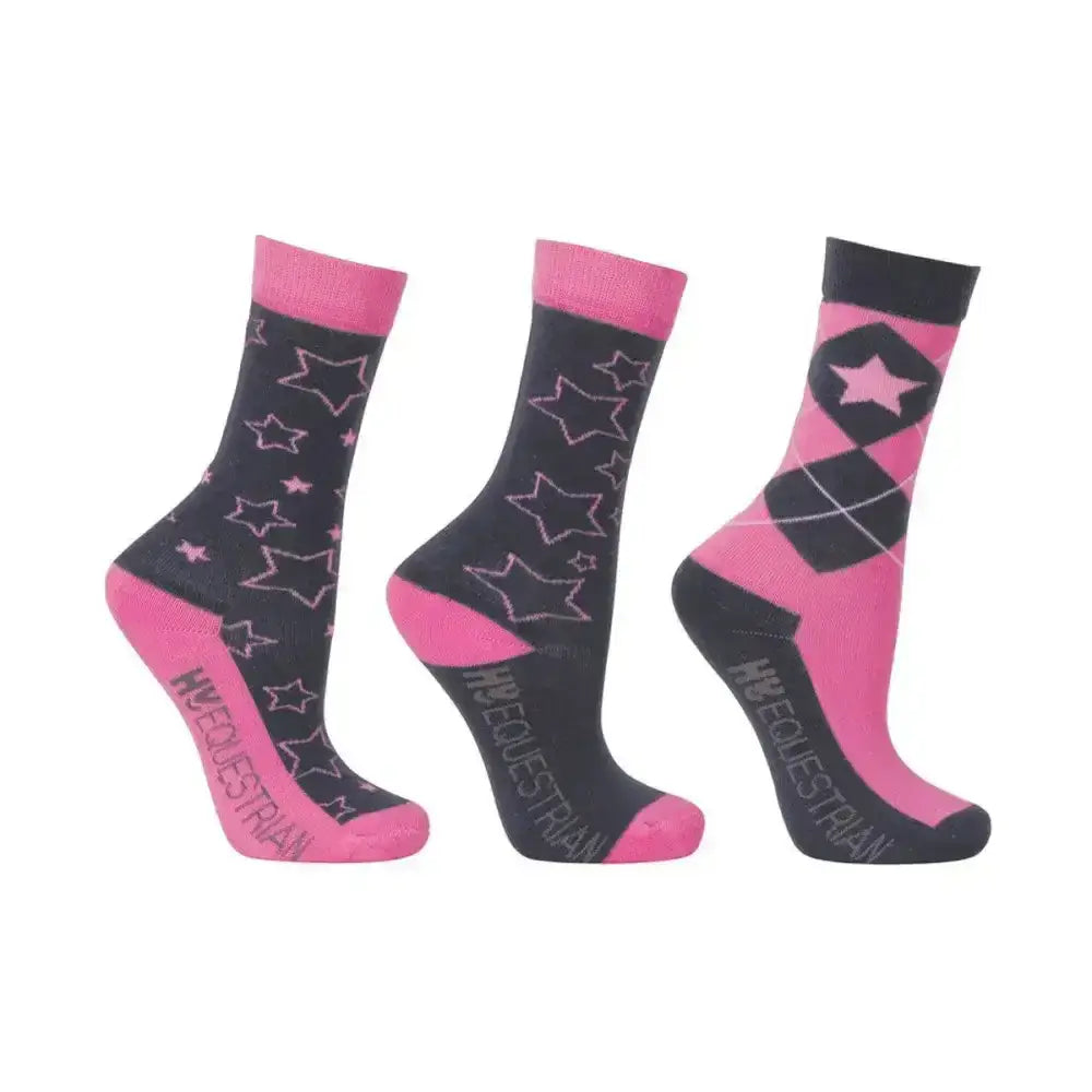 Hy equestrian stella children’s socks 3 pack with pink black star patterns and bold argyle for kids beautifully coloured socks