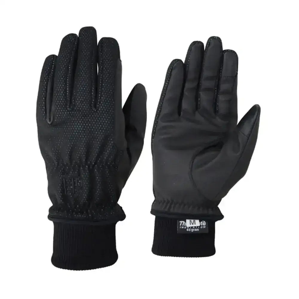 Black leather hy equestrian storm breaker thermal gloves with textured finger grips and ribbed cuff for cold weather riding