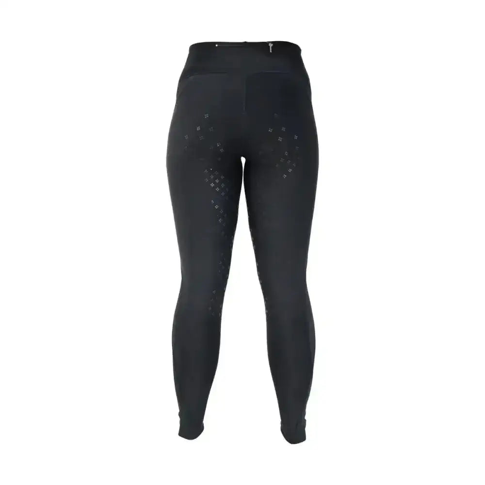 Black hy equestrian supernova ladies riding skins with subtle silver geometric patterns on the thighs