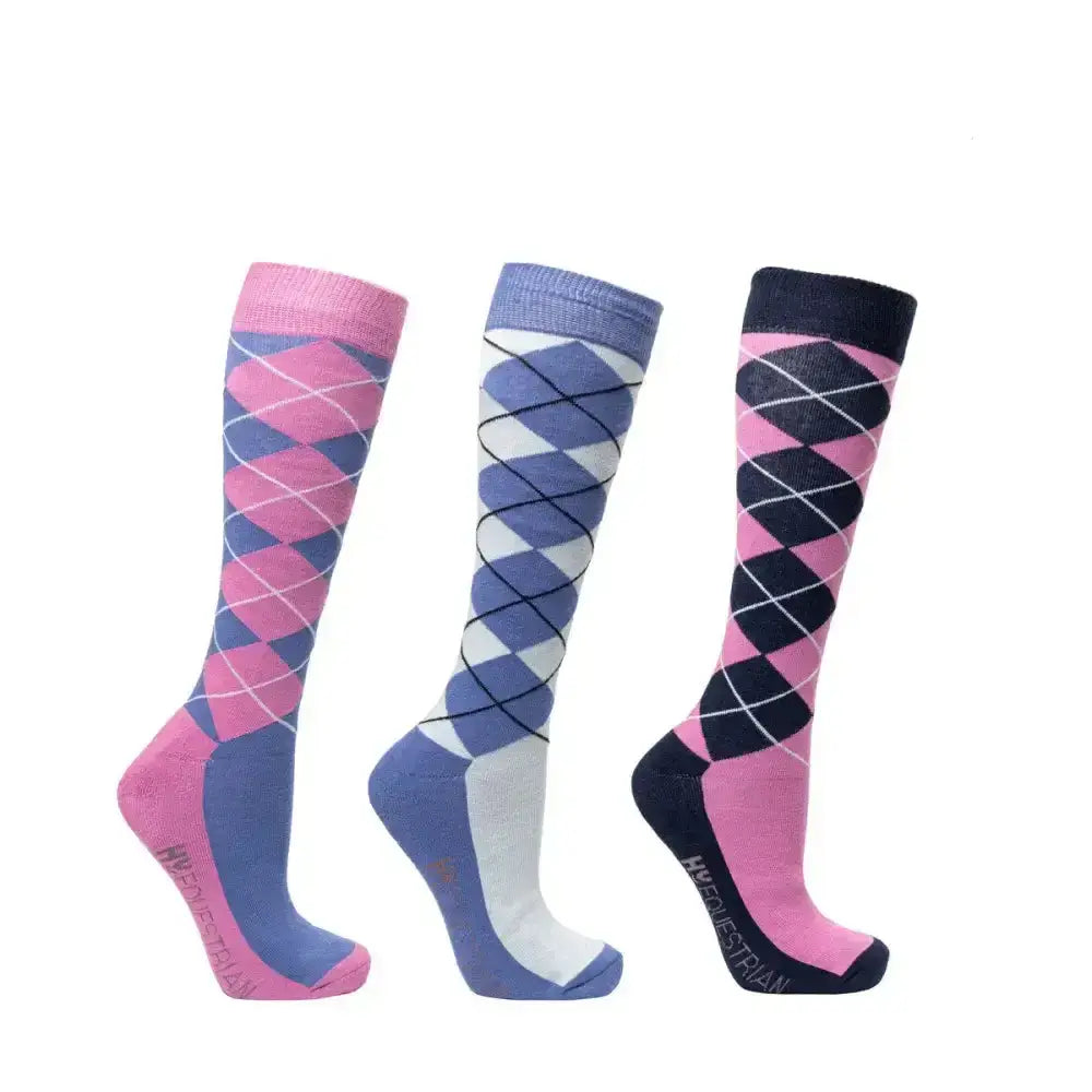 Three hy equestrian synergy argyle socks in pink blue and navy with classic contrasting color blocks for riding