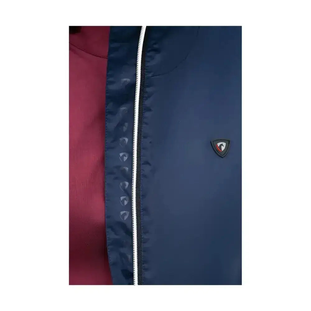 Navy blue nylon equestrian synergy blouson jacket with white zipper red lining and fully taped seams for durability