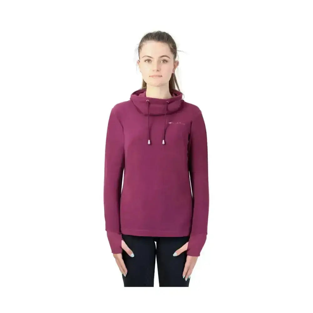 A maroon long-sleeved hy equestrian synergy cowl neck sweatshirt with drawstrings and a cozy cowl neck line