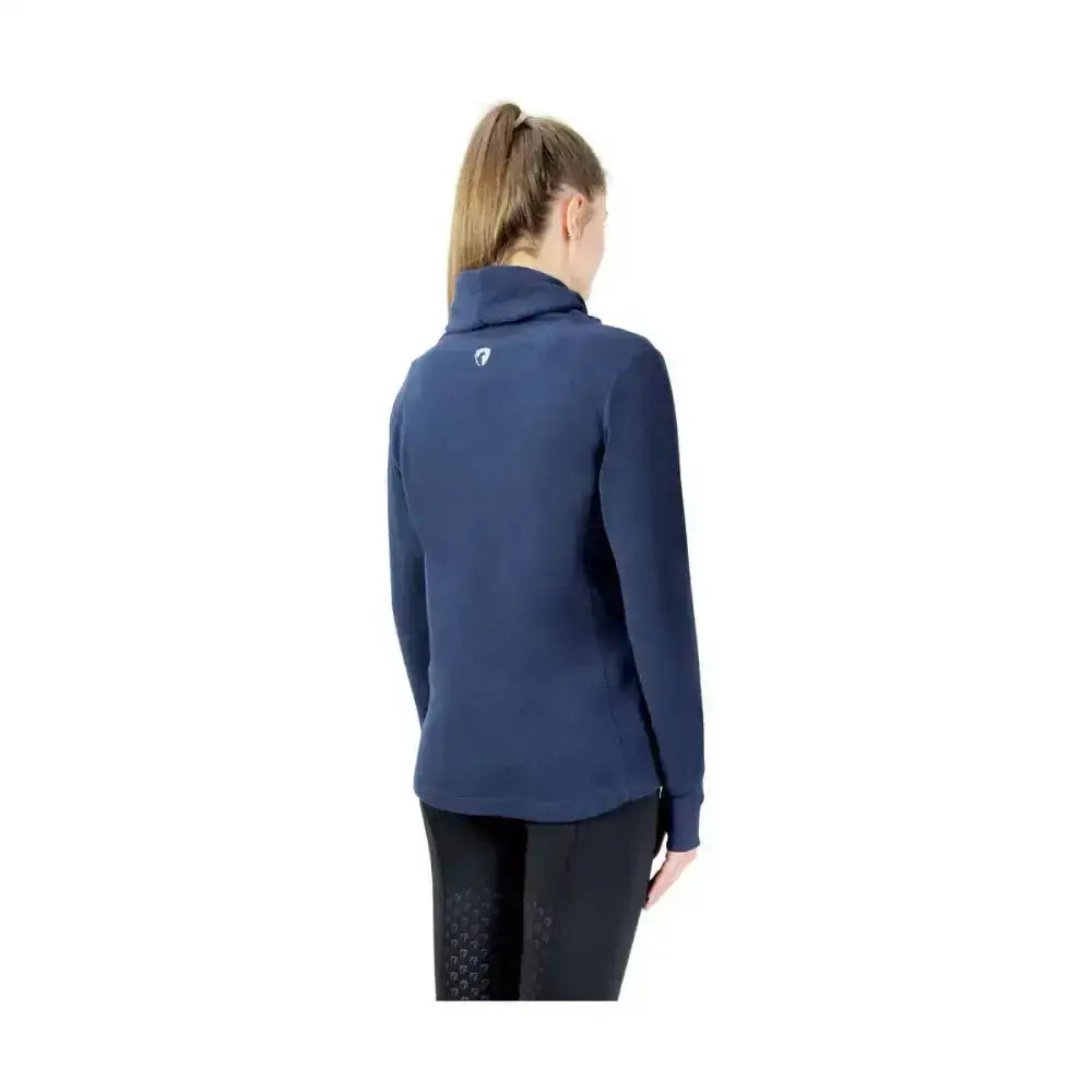 Navy blue fleece jacket with high collar and subtle logo on back showing the equestrian synergy cowl neck line