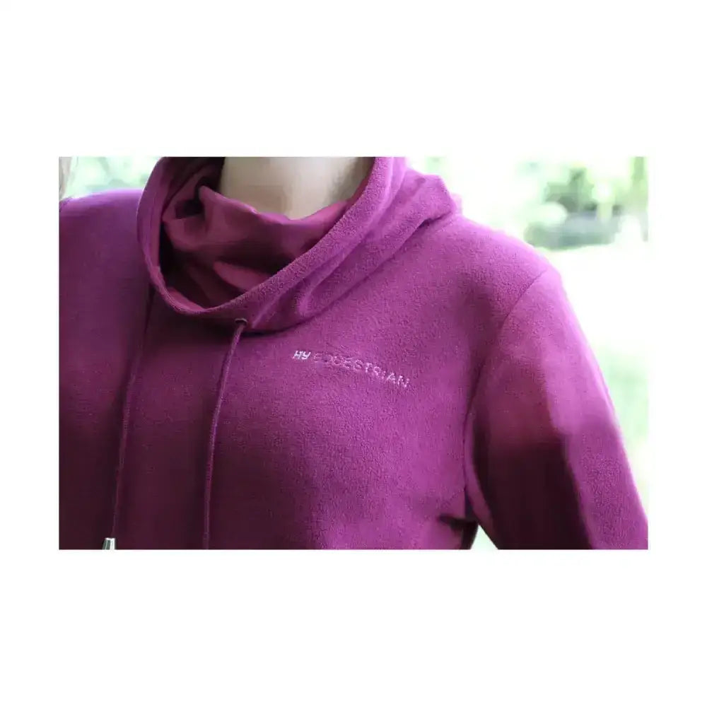 A plush deep purple hy equestrian synergy cowl neck sweatshirt with a cozy cowl neckline and subtle chest branding