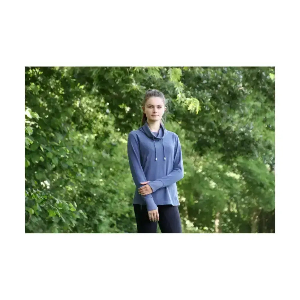 Soft blue hy equestrian synergy cowl long-sleeved hoodie with cozy cowl neck line and adjustable drawstrings