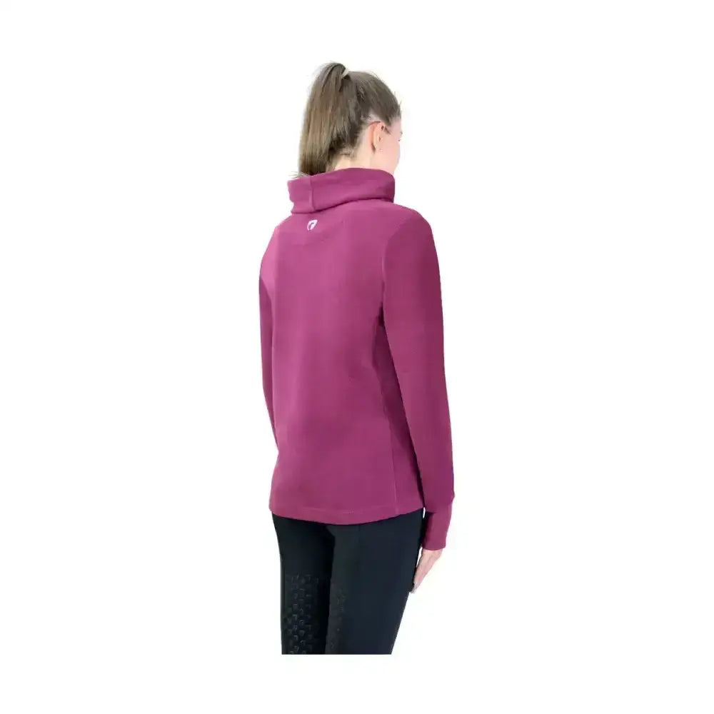 A magenta fleece hoodie with a high collar and subtle logo on the back showing the equestrian synergy cowl neck line