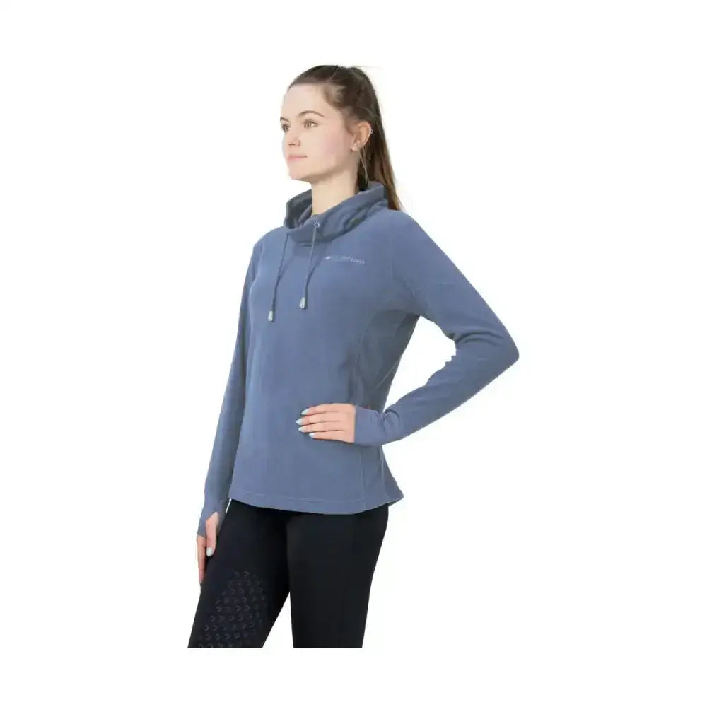 A soft blue hy equestrian synergy cowl long-sleeved hoodie with drawstring hood and subtle logo on chest featuring synergy cowl neck line