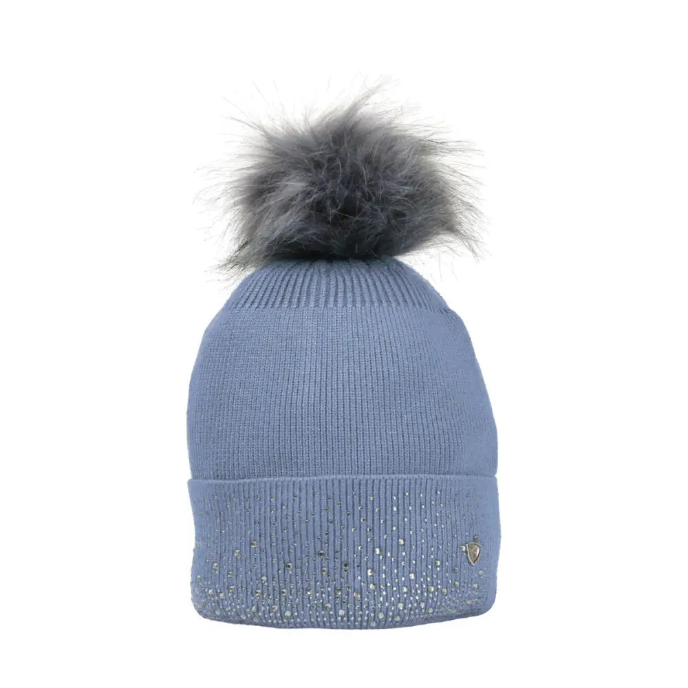 A light blue knitted hy equestrian synergy diamante bobble hat with gray faux fur pom pom and sparkling rhinestones