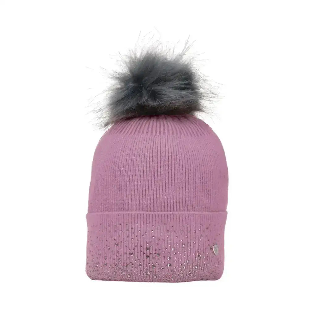 Pink ribbed knit beanie with gray faux fur pom pom and rhinestones on folded brim hy equestrian synergy diamante