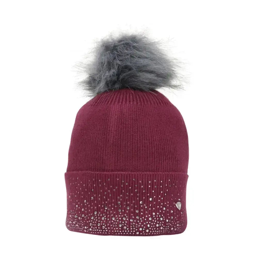 A maroon glamorous close knit synergy diamante bobble hat with gray faux fur pom pom and rhinestone brim details