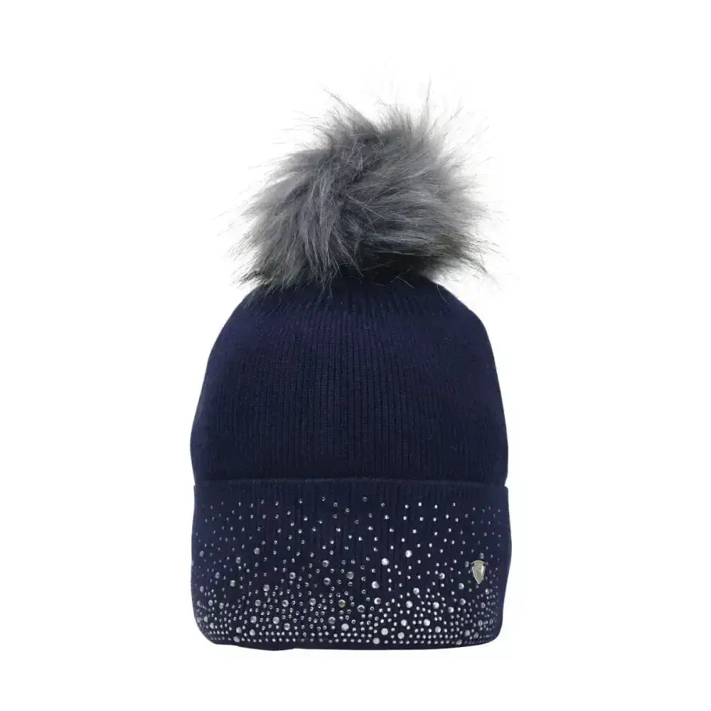 Navy blue hy equestrian synergy diamante bobble hat with gray faux fur pom pom and silver rhinestone embellishments