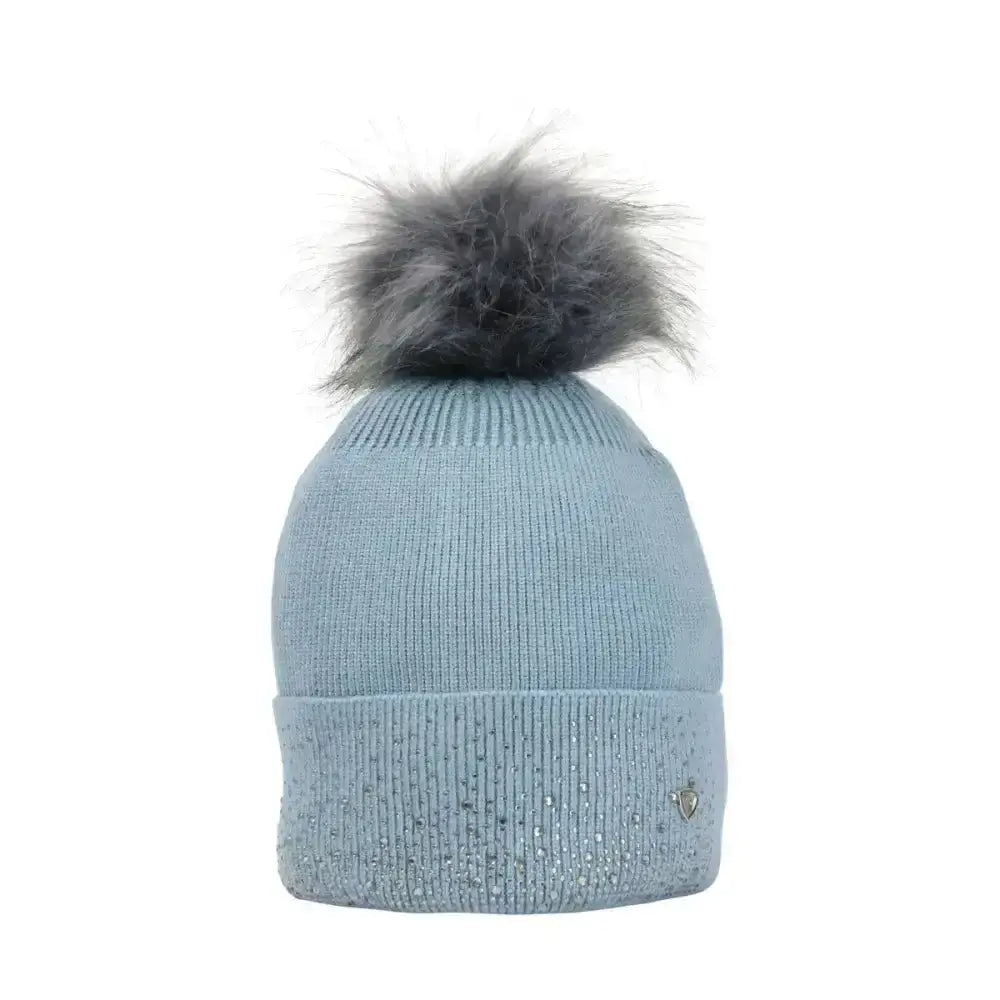 Light blue hy equestrian synergy diamante bobble hat with gray faux fur pom pom and glamorous close knit cuff