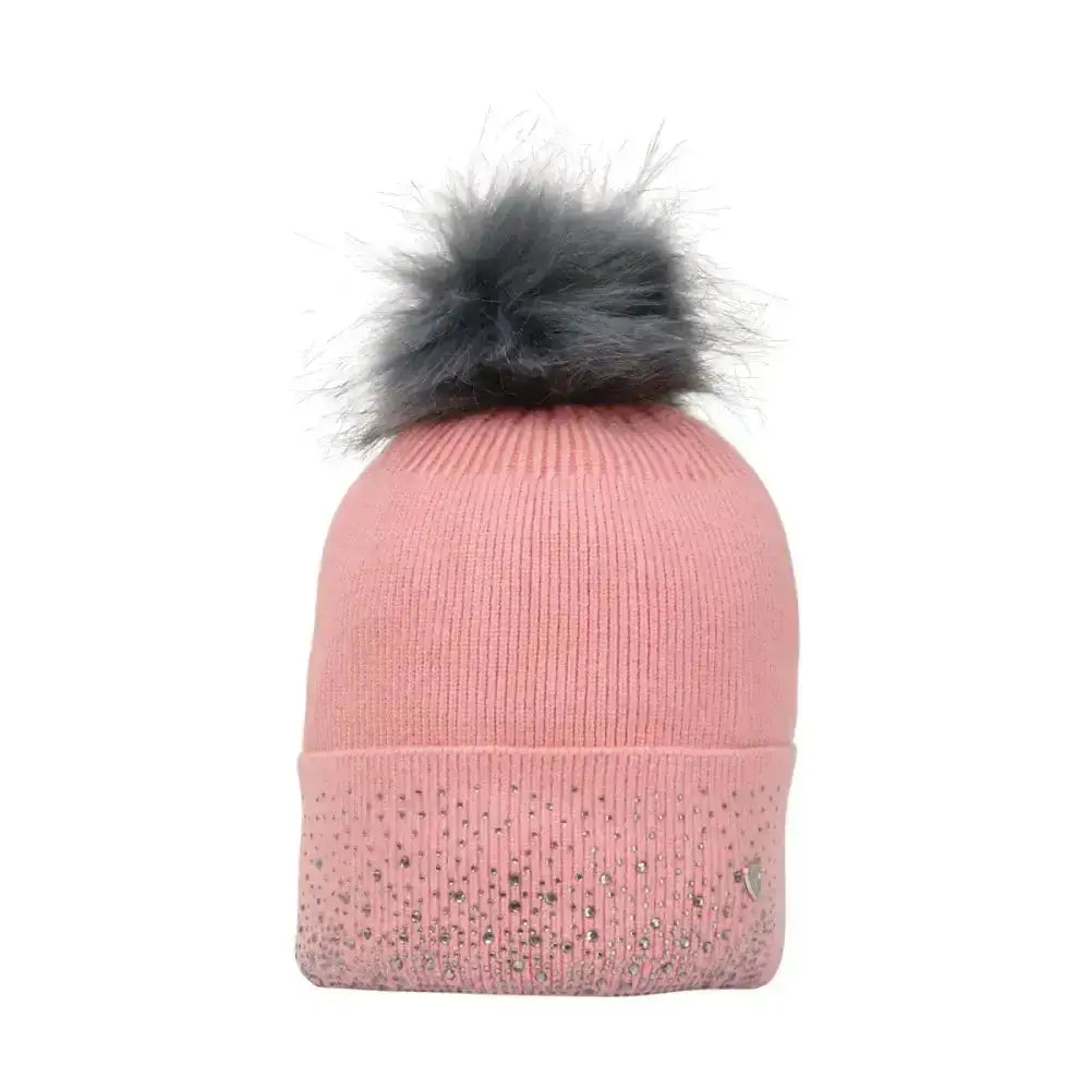 Pink hy equestrian synergy diamante bobble hat with gray faux fur pom and glamorous close knit rhinestone cuff