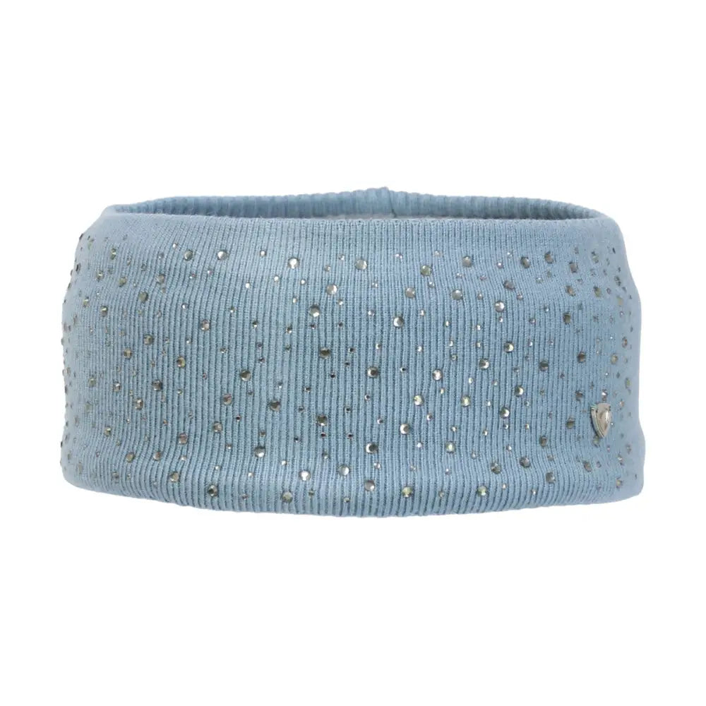 A light blue close knit headband with silver rhinestones and a metallic heart emblem from the hy equestrian synergy diamante collection