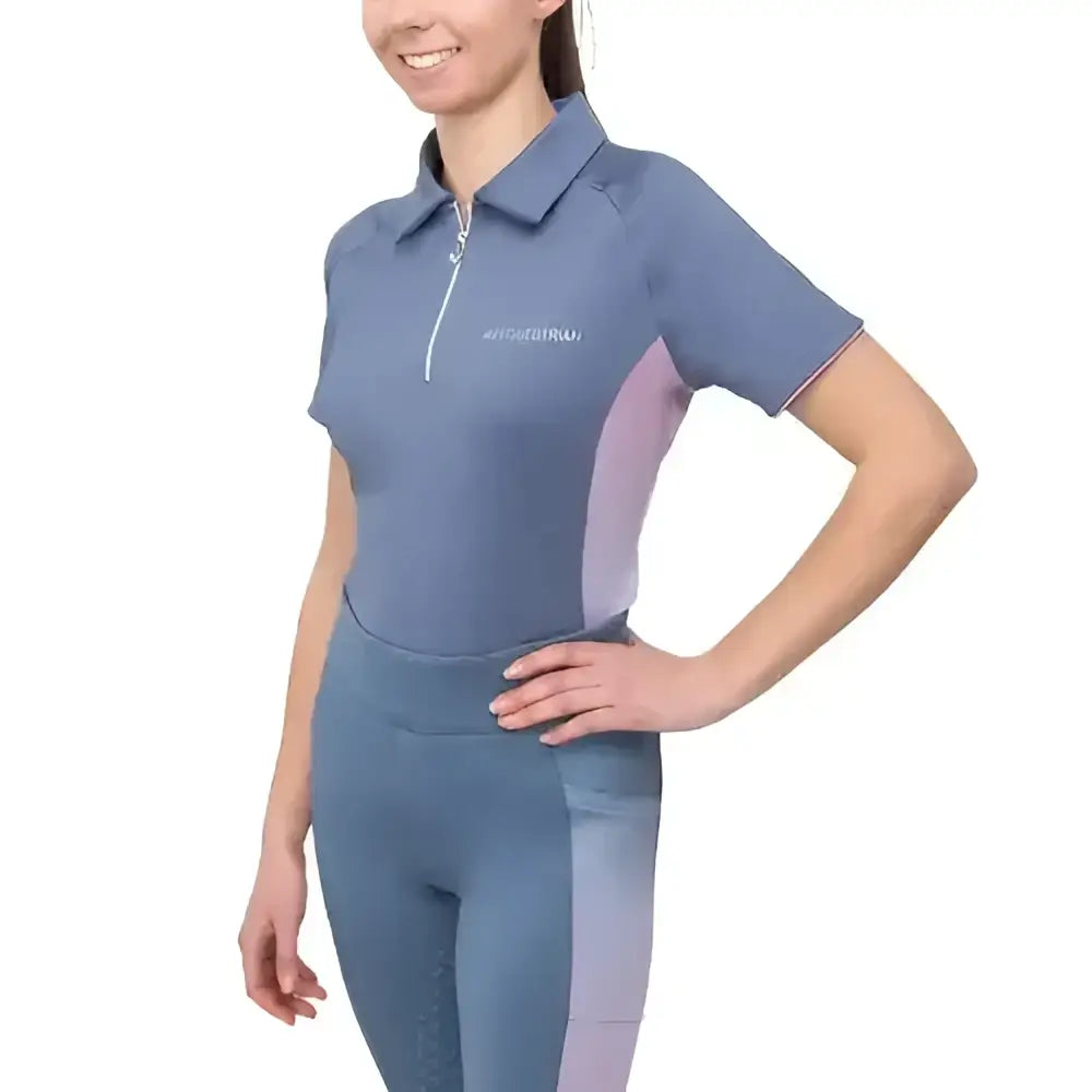 Blue and lavender hy equestrian synergy elevate polo with short sleeves zipper collar and specialised moisture wicking panels