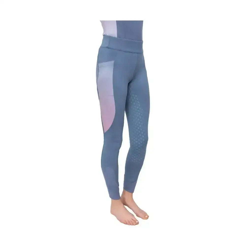 Blue and lavender hy equestrian synergy elevate riding tights with high waistband textured grip panels and moisture wicking properties