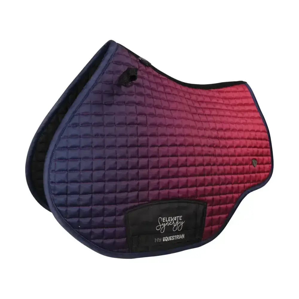 Hy equestrian synergy elevate quilted saddle pad with navy to red gradient black trim and embroidered brand patch