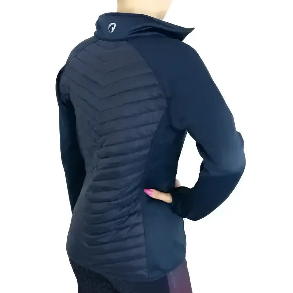 Black quilted hy equestrian synergy elevate sync lightweight jacket with sleek modern design and subtle logo on collar