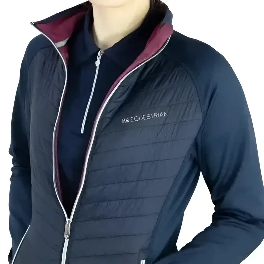 Dark navy quilted hy equestrian synergy elevate sync lightweight jacket with maroon lining and silver zipper details