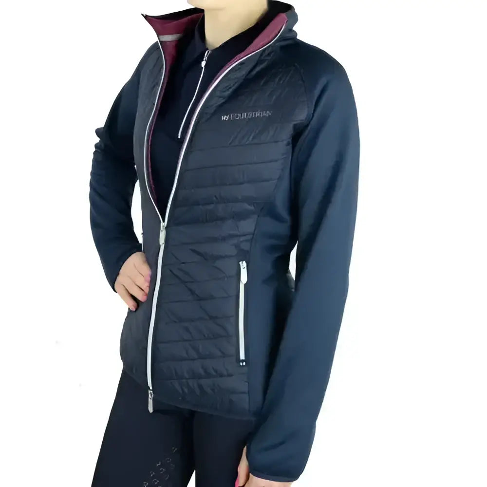 Dark navy quilted puffer vest with maroon lining and silver zippers from hy equestrian synergy elevate sync lightweight jacket