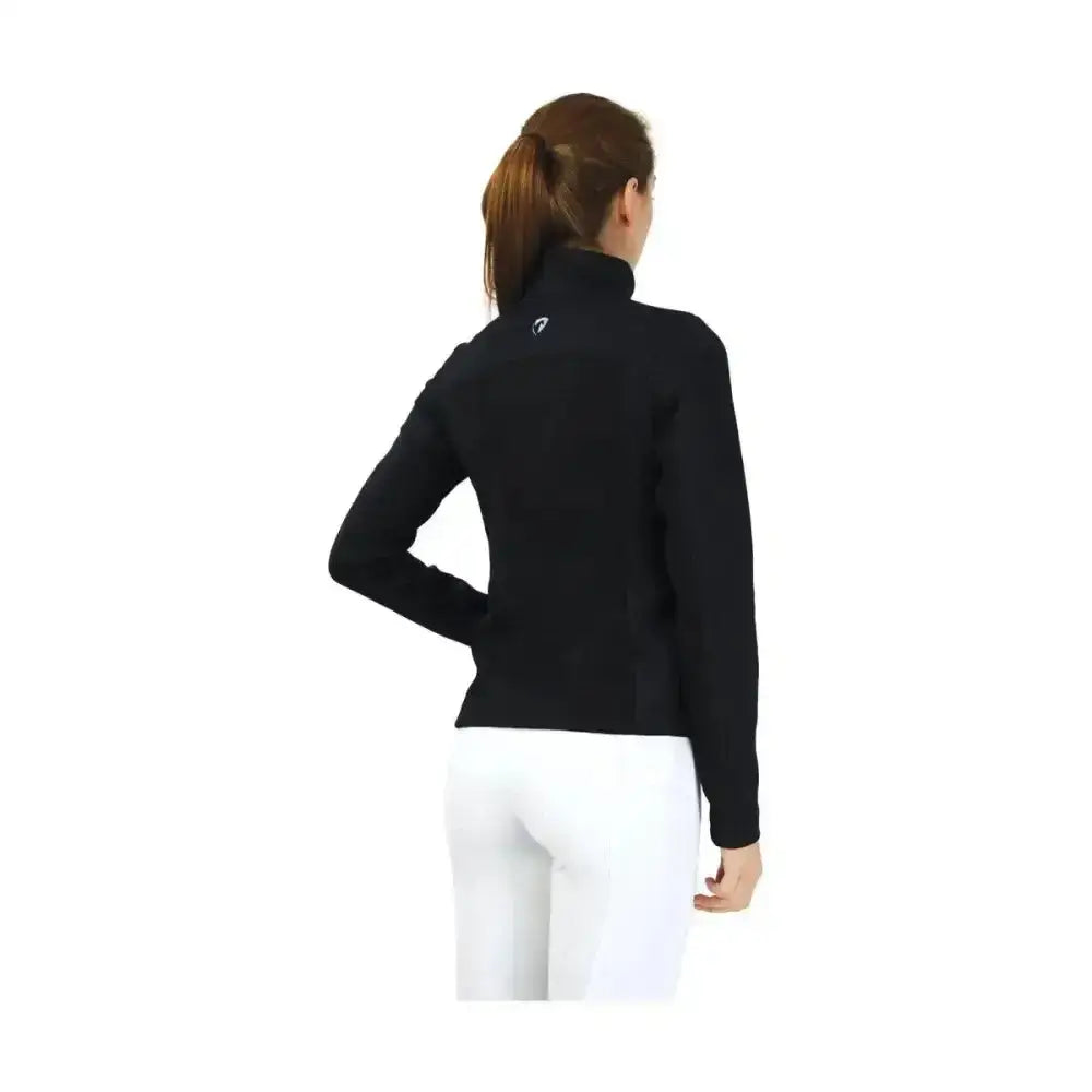 Black hy equestrian synergy flex jacket with subtle logo and excellent 4-way flexibility for riding comfort