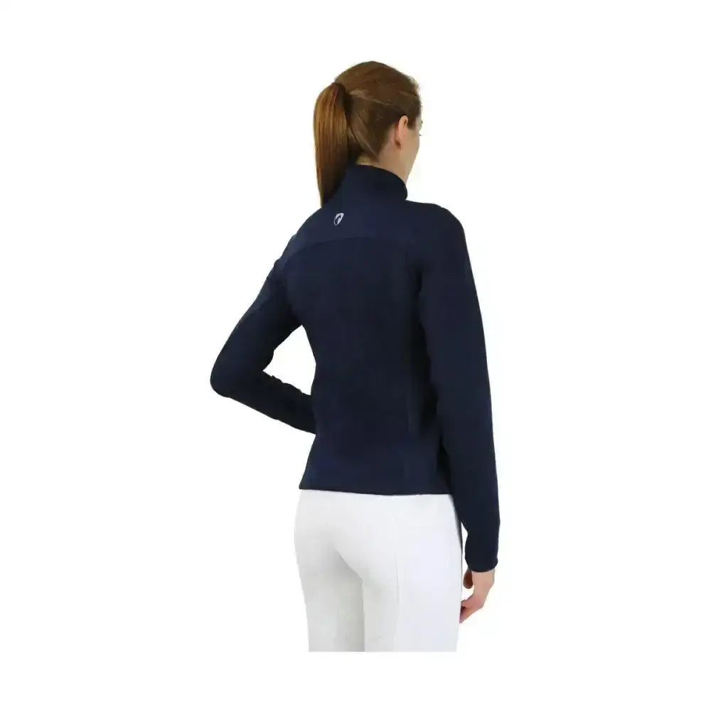 Navy blue hy equestrian synergy flex jacket showing back with high collar and excellent 4-way flexibility