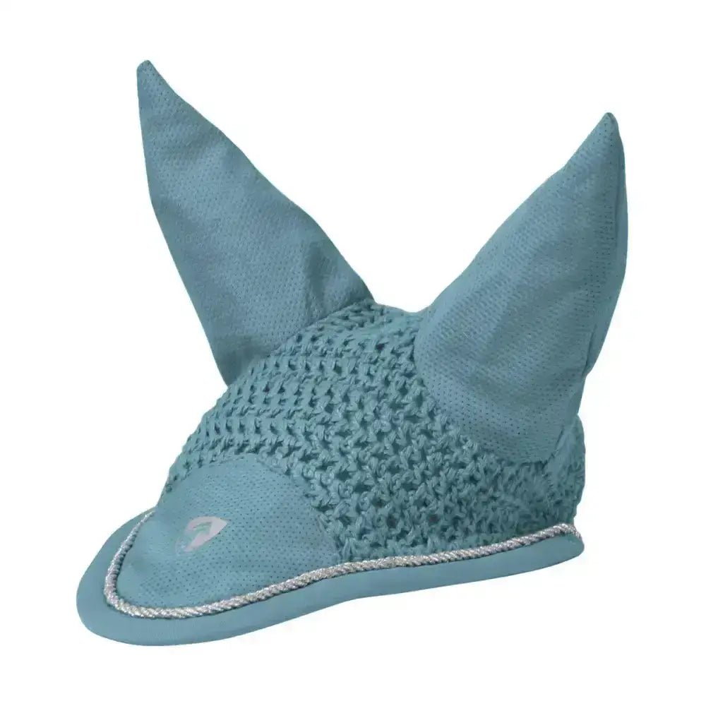 Light blue knitted horse ear bonnet with pointed fabric ears and silver trim from hy equestrian synergy fly veil collection