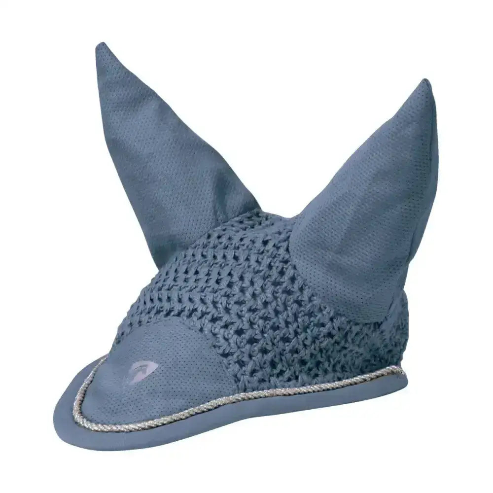 Blue mesh synergy fly veil with fabric-covered ears and silver trim for equestrian fly protection