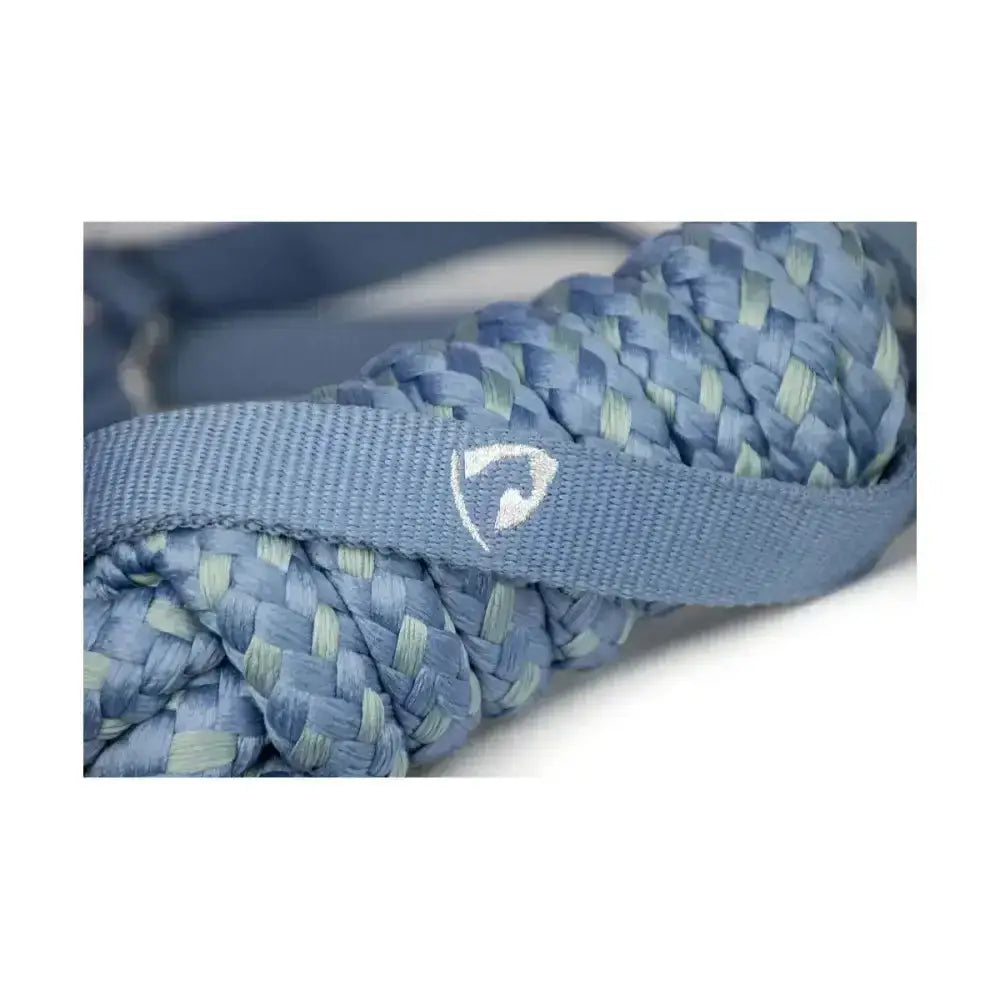 Blue braided rope with green accents and gray fabric strap featuring white logo on hy equestrian synergy head collar lead rope riviera