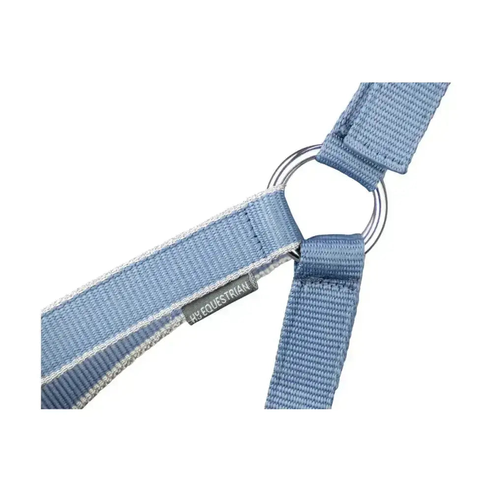 Light blue woven nylon synergy head collar with silver ring and h&h equestrian tag from lead rope riviera set