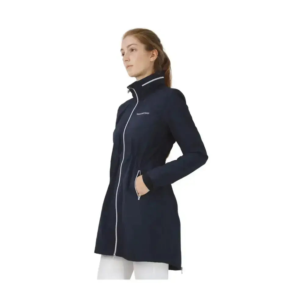 Navy blue columbia equestrian synergy long rain jacket with stylish white zipper made of fully waterproof material