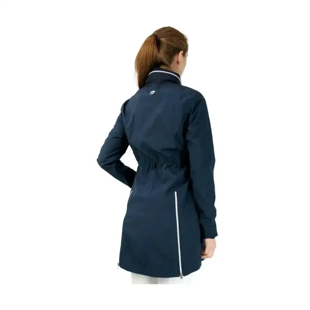 Navy blue hy equestrian synergy long rain jacket with white zipper trim made from fully waterproof material stylish jacket