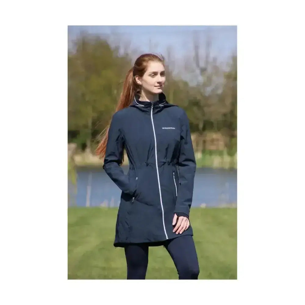 Navy blue hy equestrian synergy long rain jacket with fully waterproof material and white zipper accents looks stylish
