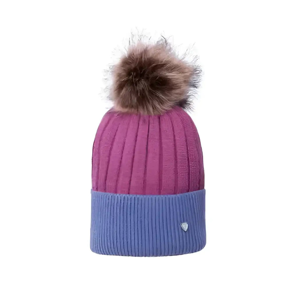 A ribbed knit two-tone purple and blue equestrian synergy luxury bobble hat with a fluffy brown pom pom on top