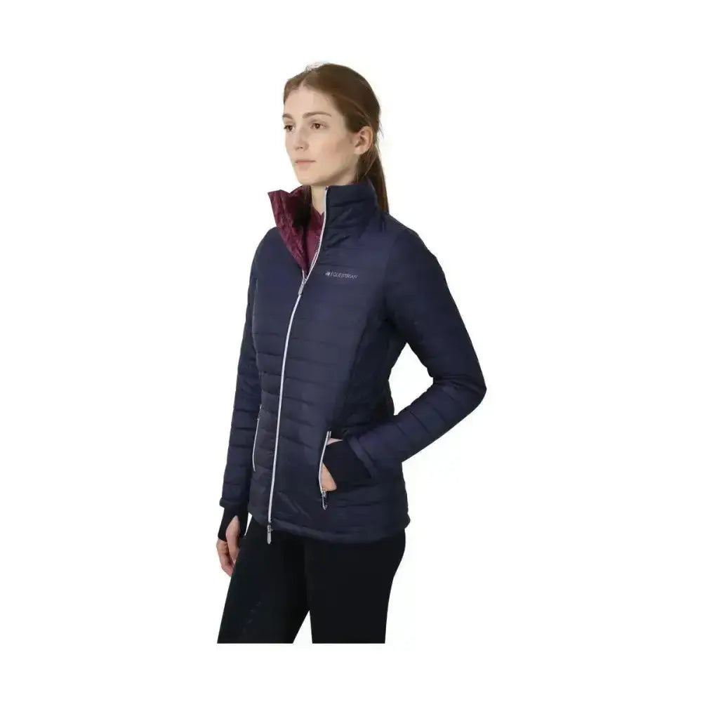 Navy blue equestrian synergy padded jacket with quilted design maroon lining and white zipper accents for cool rides