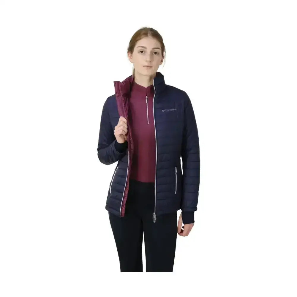Navy blue hy equestrian synergy padded jacket with quilted design maroon lining and white zipper accents