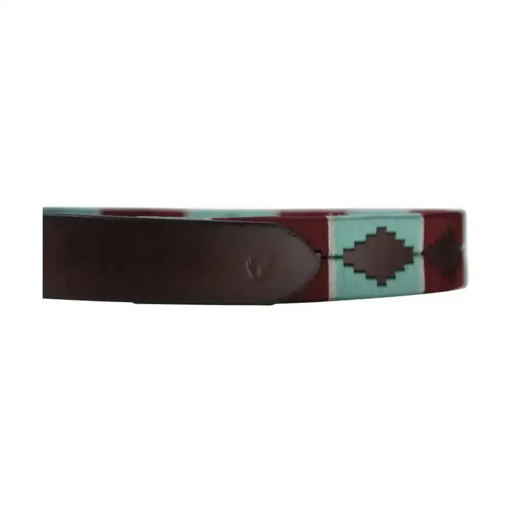 Maroon and mint green patterned leather synergy polo belt with geometric diamond design from the equestrian synergy collection