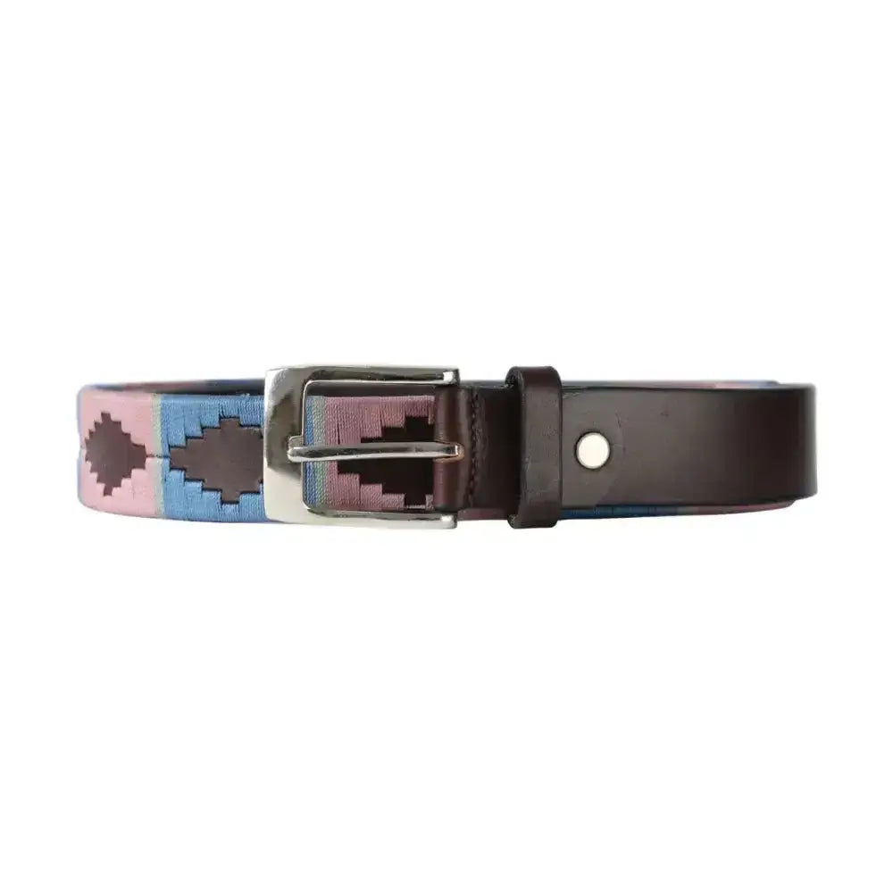 A colorful hy equestrian synergy polo belt with geometric pink blue and brown woven pattern and silver buckle
