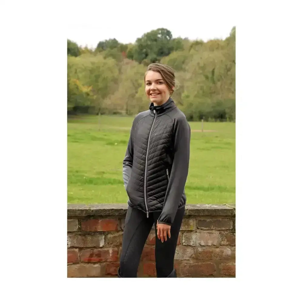 Black quilted hy equestrian synergy sync lightweight padded jacket with high collar and gray zipper accents