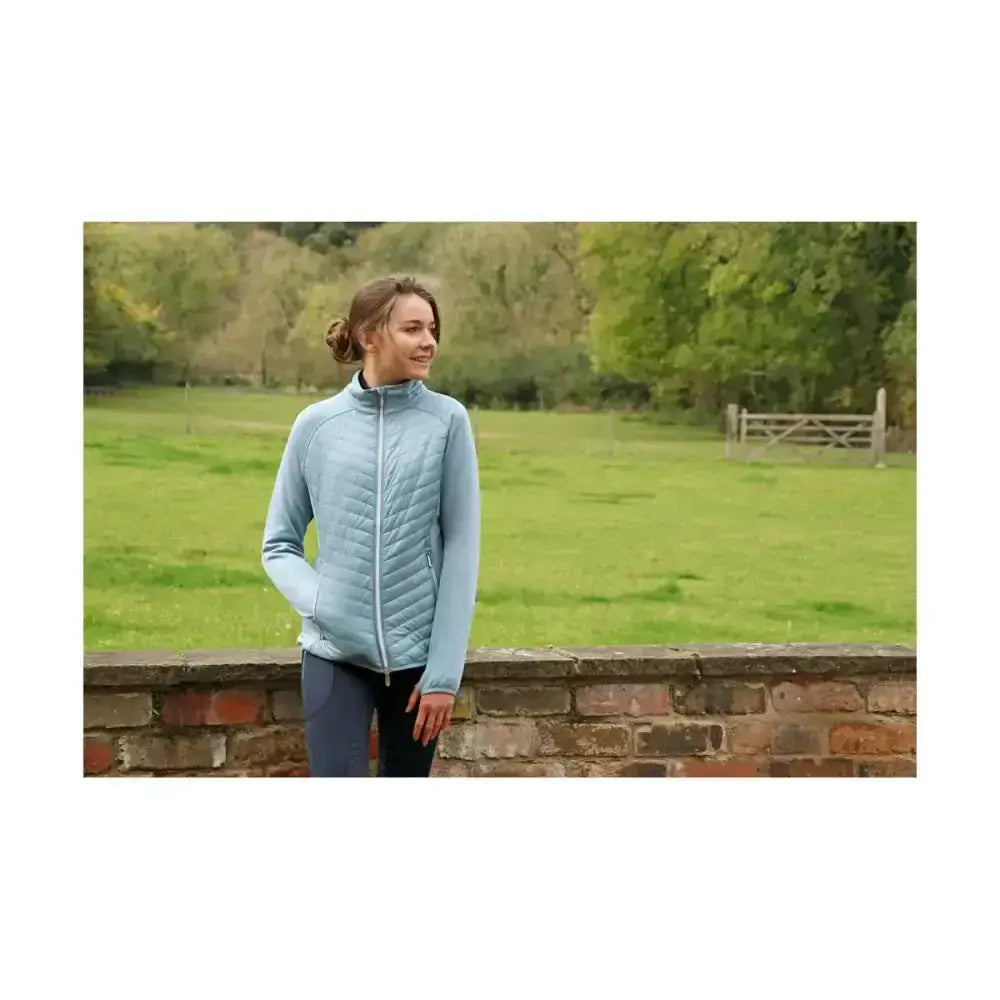 Light blue quilted lightweight padded jacket from hy equestrian synergy sync perfect for riding and casual wear