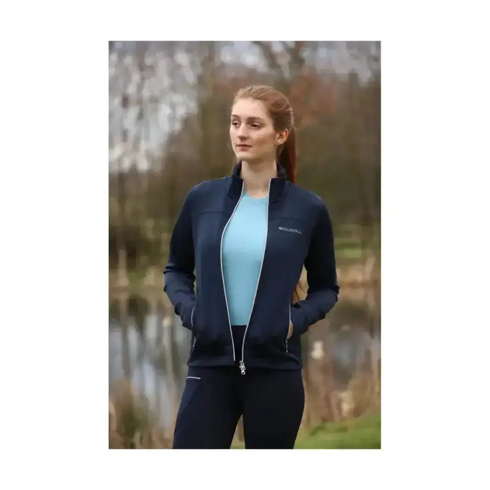 Navy blue zip-up track jacket with light blue lining and white zippers perfect for equestrian synergy t-shirt aqua fans