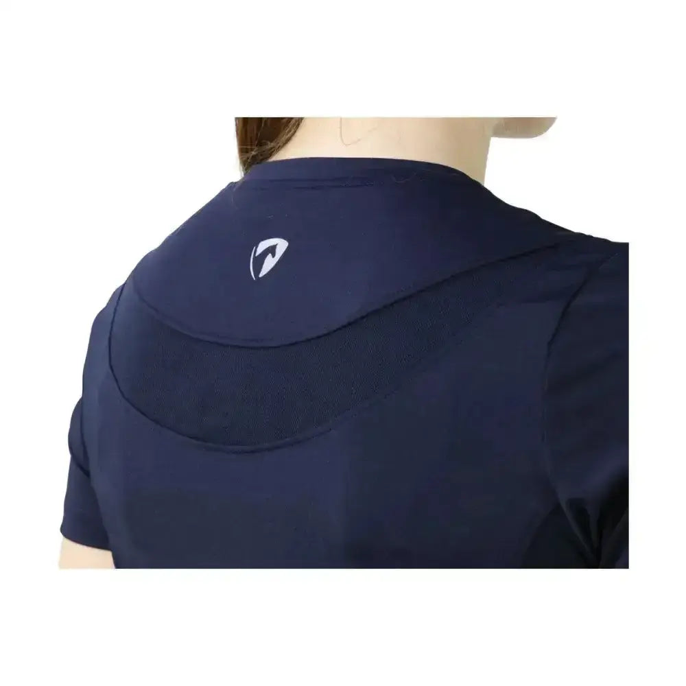 Navy blue short-sleeved hoodie with white logo on shoulder seam perfect for equestrian synergy t-shirt style