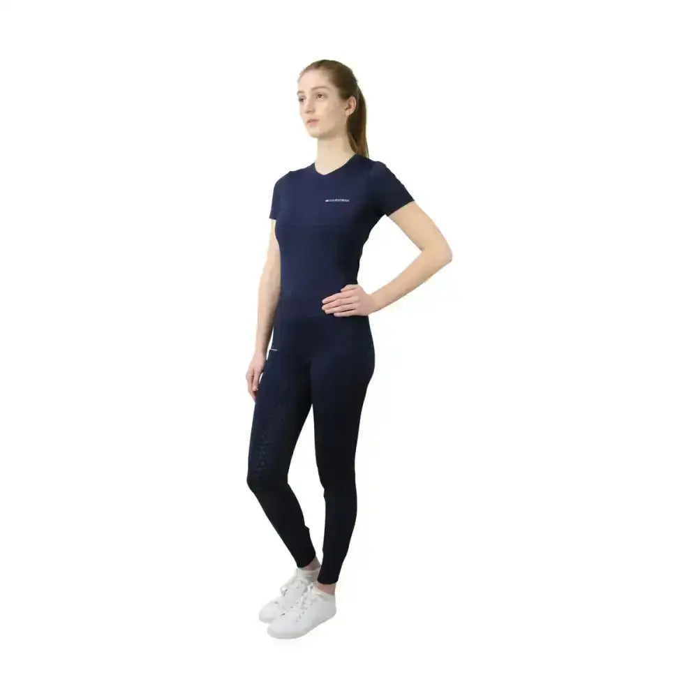 Navy blue short-sleeved hy equestrian synergy t-shirt with subtle chest logo perfect for riding and training