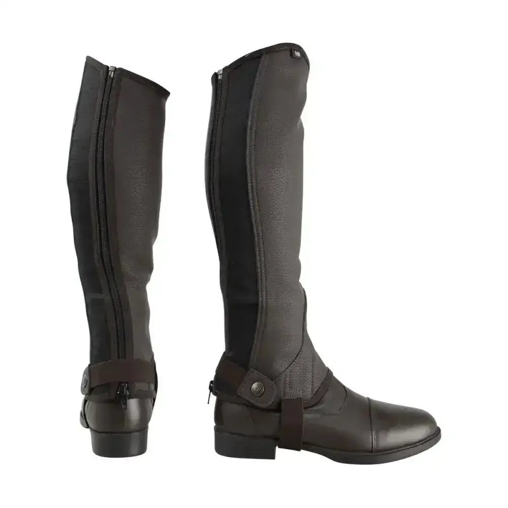 Black leather and fabric equestrian synthetic combi leather effect chaps with zipper closures for riding use
