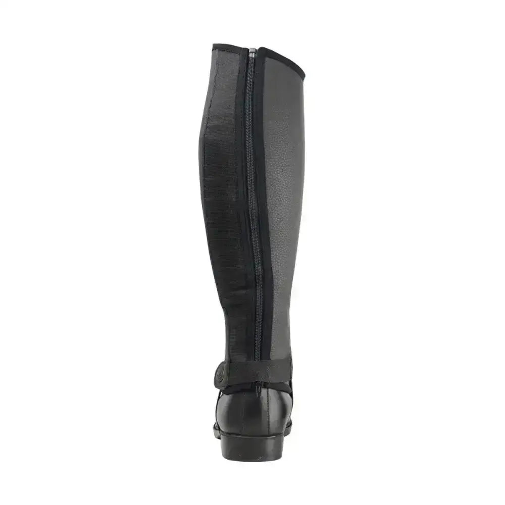 Back view of black hy equestrian synthetic combi leather effect chaps with zipper and adjustable ankle strap