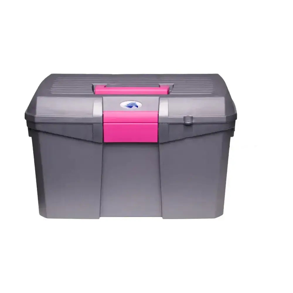 Gray plastic equestrian tack box with bright pink handle and accent strip ideal high specification grooming box