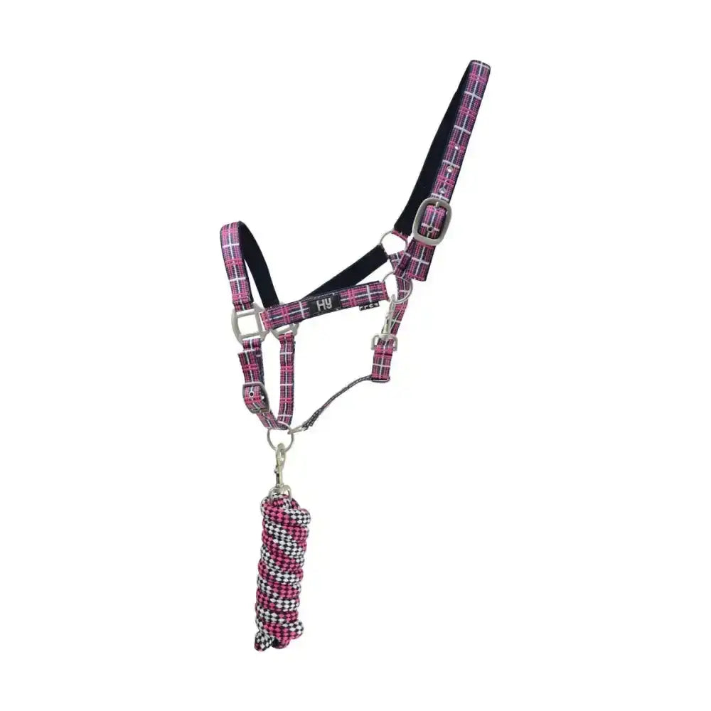 Pink and black plaid equestrian tartan head collar with matching rope lead for stylish horse riding use