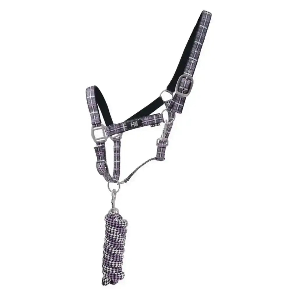 Black and white plaid tartan head collar with silver buckle hardware by hy equestrian for smart tartan head use