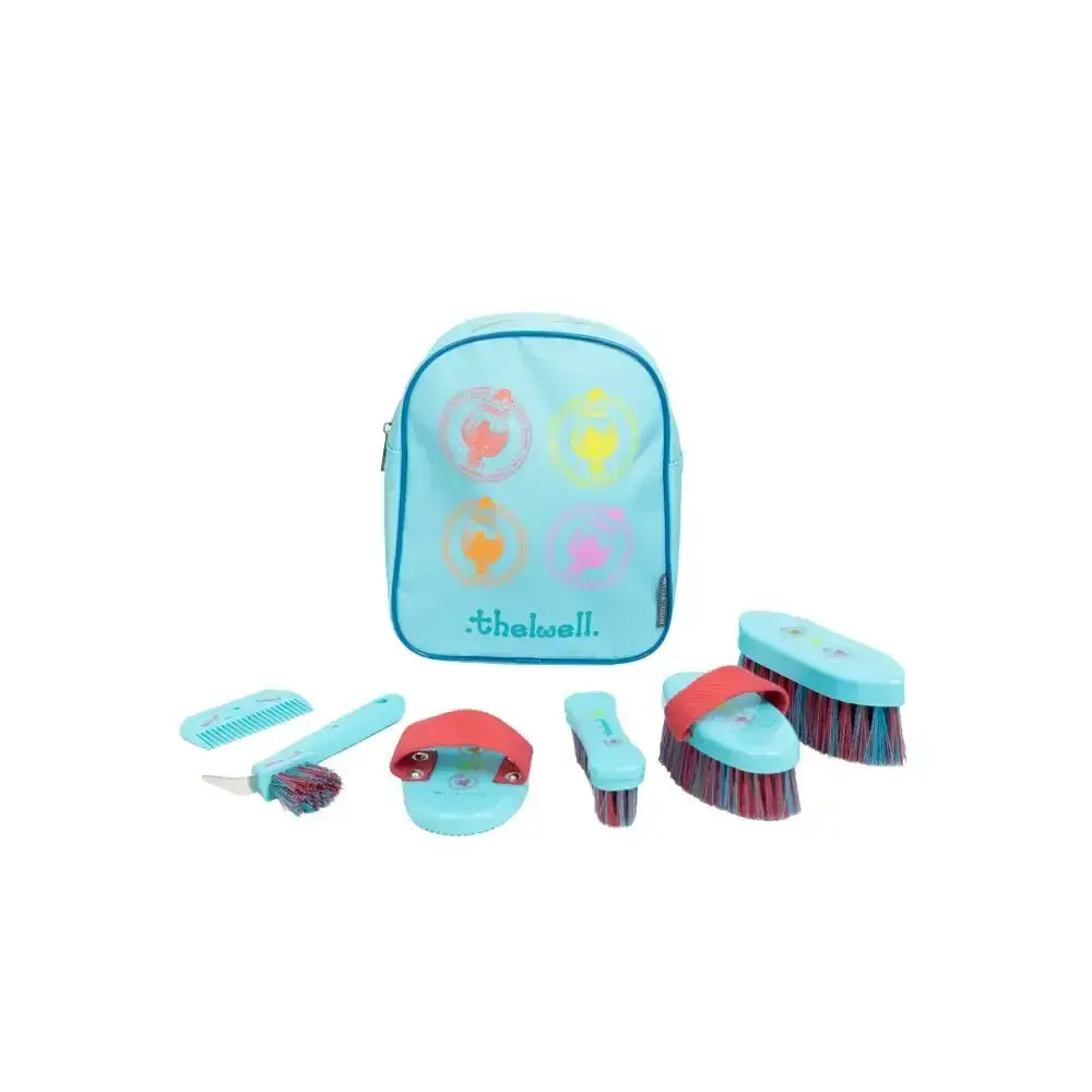 Light blue plastic horse grooming kit with colorful bristles and matching backpack from hy equestrian thelwell collection complete grooming kit rucksack